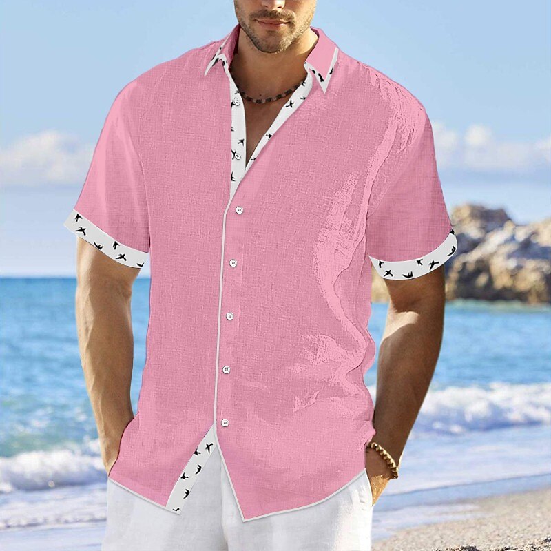 Men's Shirt Linen Shirt Button Up Shirt Casual Shirt Summer Shirt Beach Shirt Pink Navy Blue Blue Short Sleeves Color Block Lapel Spring & Summer Casual Daily Clothing Apparel