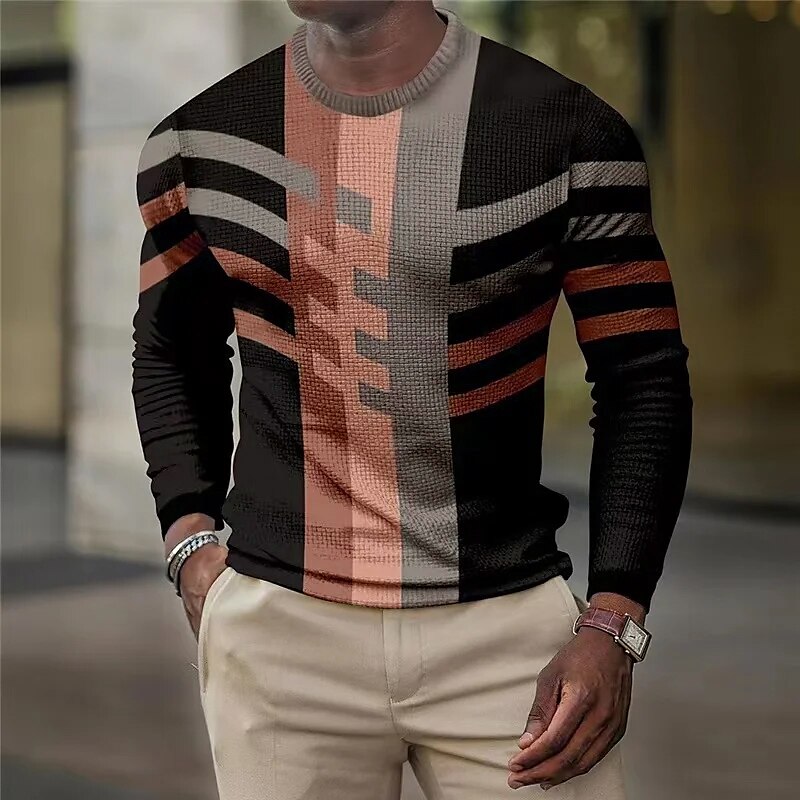 Men's Waffle  Graphic Color Block Crew Neck 3D Print Outdoor Casual Long Sleeve T-Shirt