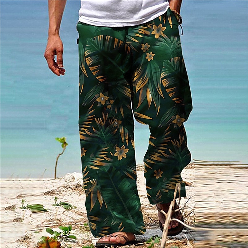 Men's  Drawstring Elastic Waist  Plants Tropical Casual Hawaiian Beach Pants