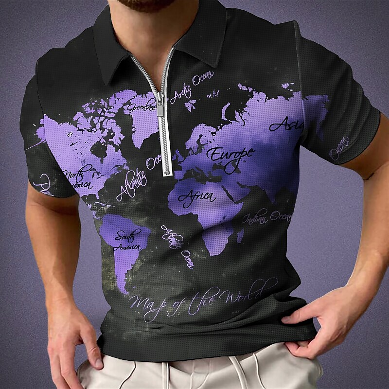 Men's Outdoor Casual Vintage Street Comfortable Lightweight Wear Resistant Zippered Pattern Print Lapel Short Sleeve Polo Shirt