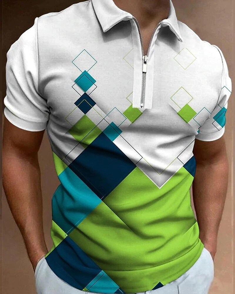 Men's Zip  Graphic Prints Geometry Turndown Short Sleeves Casual Polo Shirt 