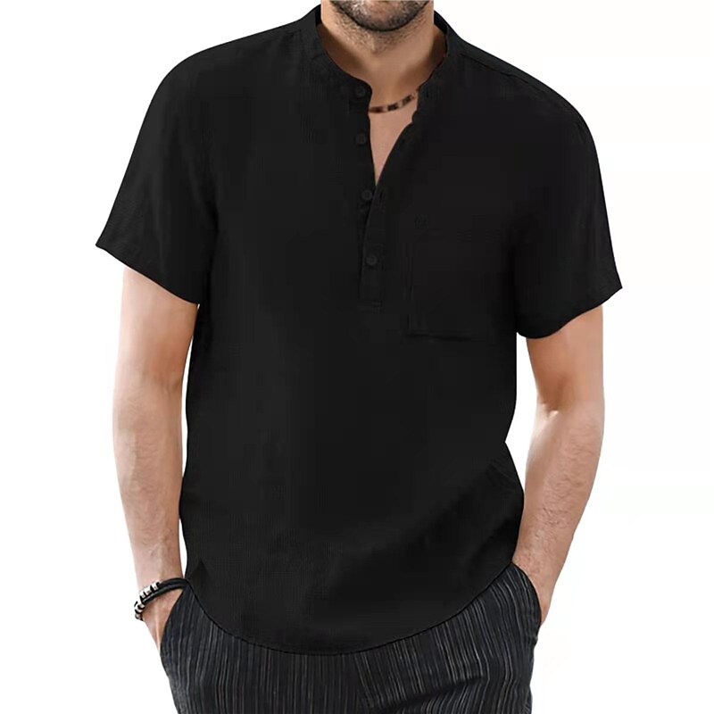Men's Linen Shirt Black Khaki Army Green Short Sleeve Plain Collar Summer Casual Daily Clothing Apparel Front Pocket