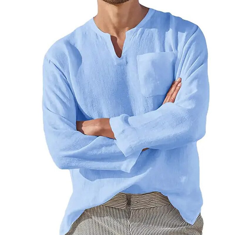 Men's Linen Shirt Summer Shirt Beach Shirt Black White Navy Blue Long Sleeve Plain V Neck Spring & Summer Casual Daily Clothing Apparel Front Pocket