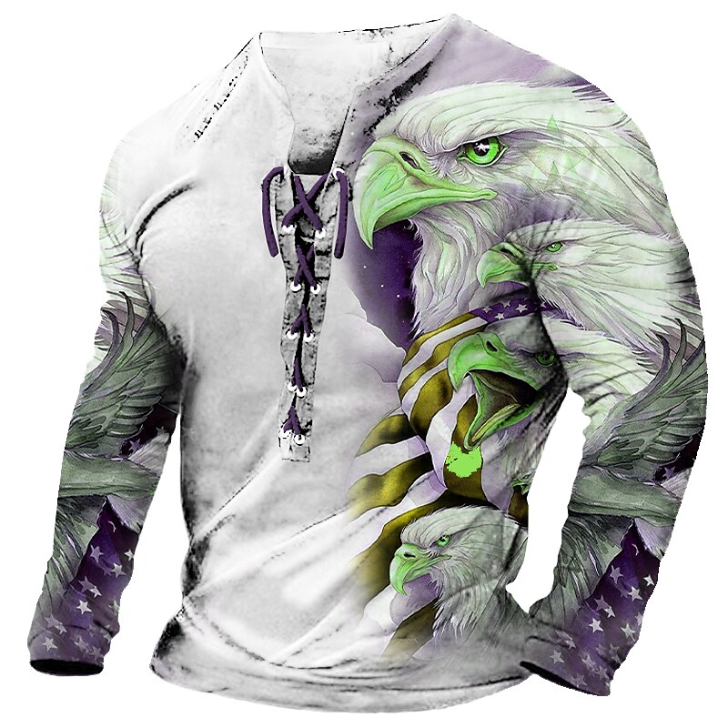 Men's Graphic Eagle 3D Print  Long Sleeve Lace up  T-shirt