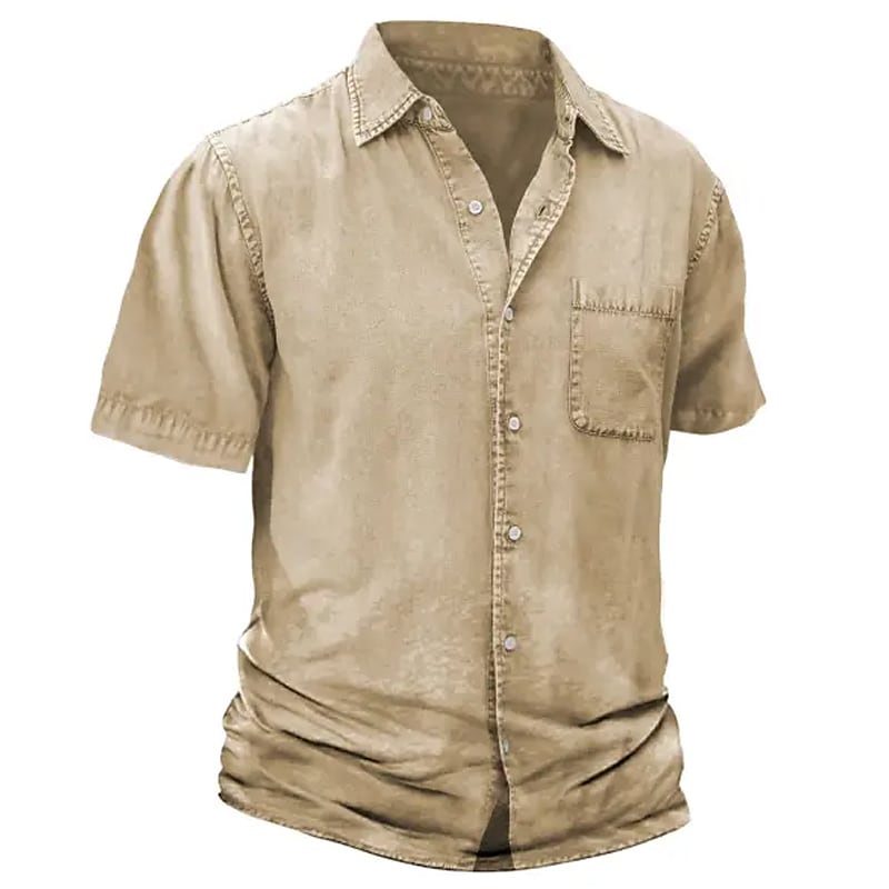Men's Button Up Plain Turndown  Front Pocket Short Sleeve Shirt
