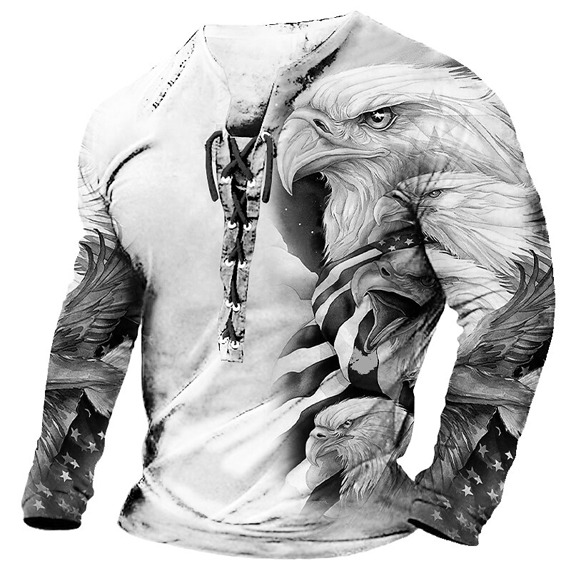 Men's Graphic Eagle 3D Print  Long Sleeve Lace up  T-shirt