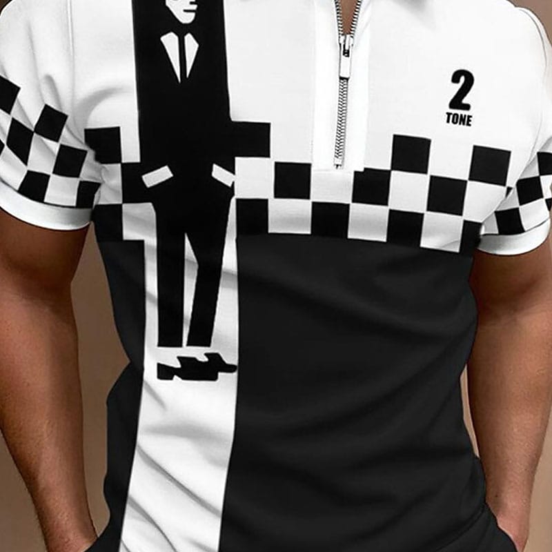 Men's Collar Polo Shirt Golf Shirt Plaid Turndown Black / White Green 