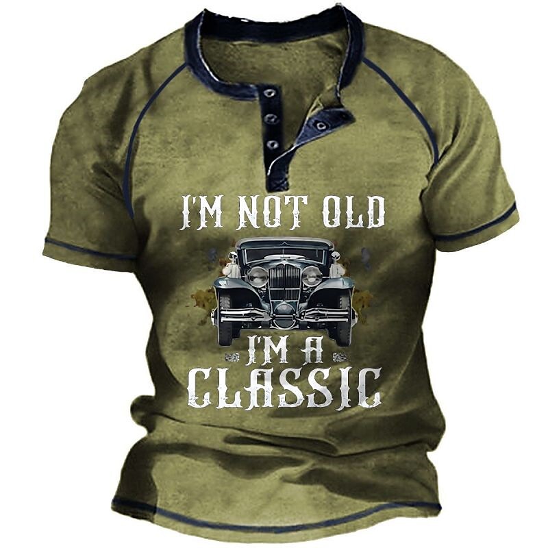 Men's Car Graphic  Letter Print Short Sleeve Henley Shirt