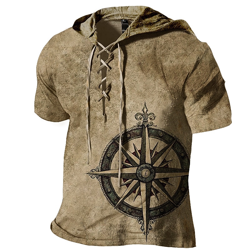 Men's Compass  3D Print Lace up Print Short Sleeve Hooded   T-shirt