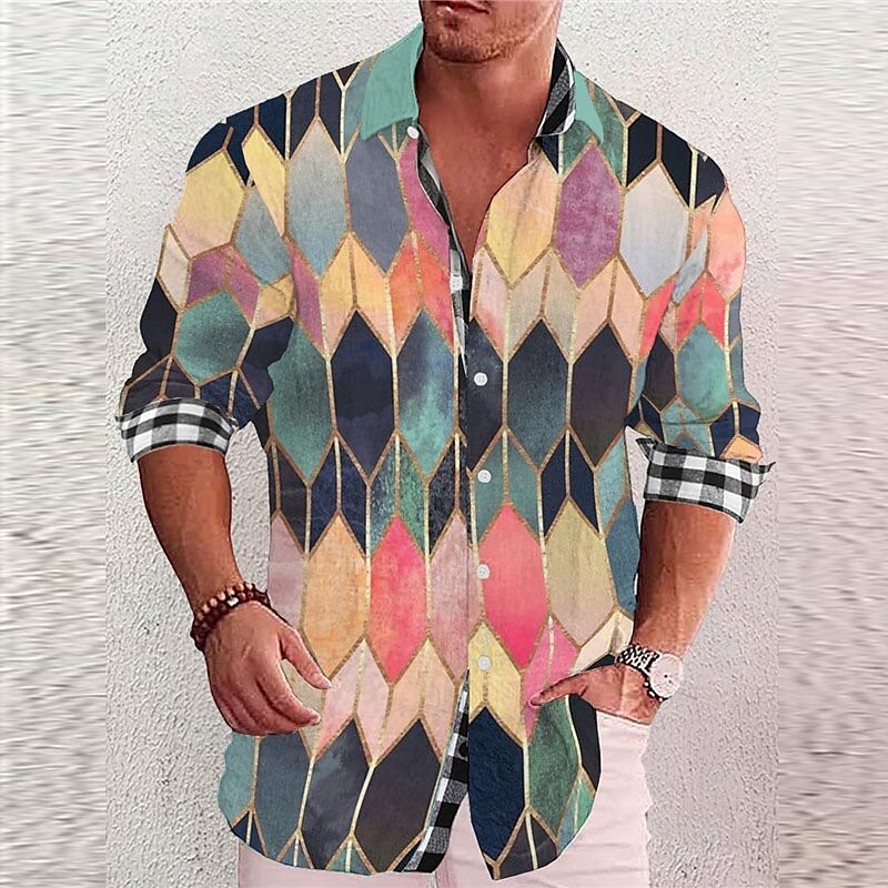 Men's Shirt Linen Shirt Color Block Graphic Prints Geometry Turndown Black Blue Purple Green Khaki Outdoor Street Long Sleeve Print Clothing Apparel Linen Fashion Streetwear Designer Casual