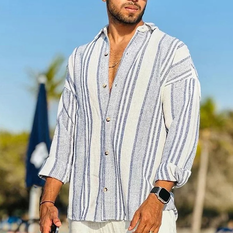 Men's Casual Summer Beach Long Sleeve Striped Turndown Button Up Shirt