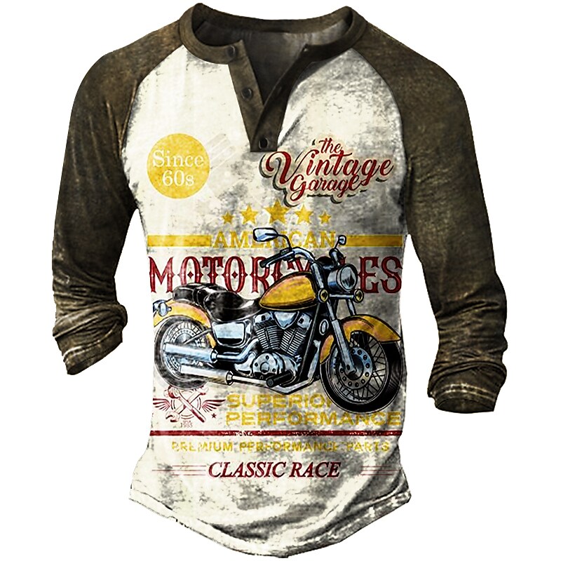 Men's Vintage Motorcycle Print Comfortable Breathable Cotton Henley Sh