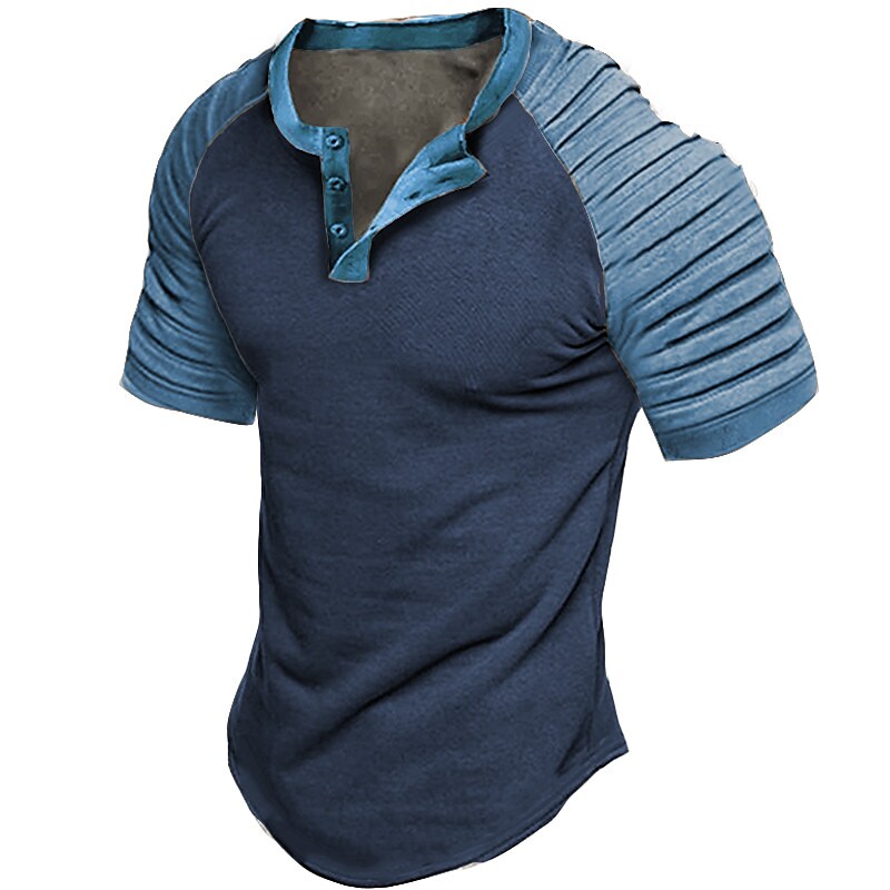 Men's Raglan  Color Block Slim Pleated 3D Print Short Sleeve Henley Shirt