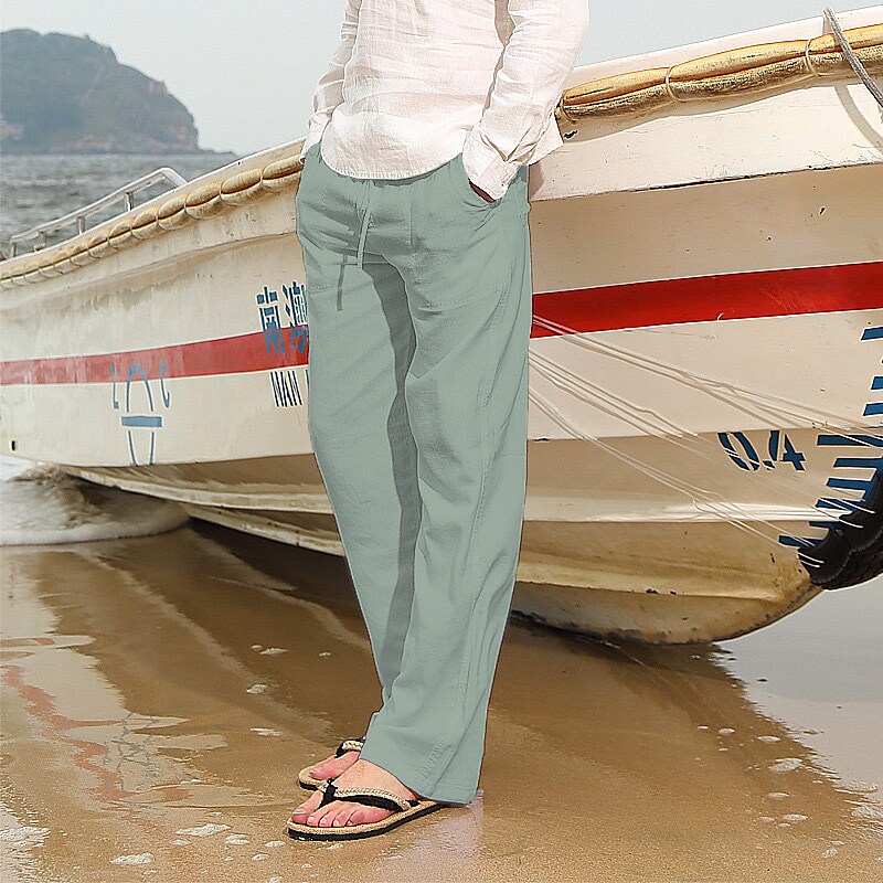 Men's Drawstring Wide Leg Solid Color Breathable  Linen Pants 