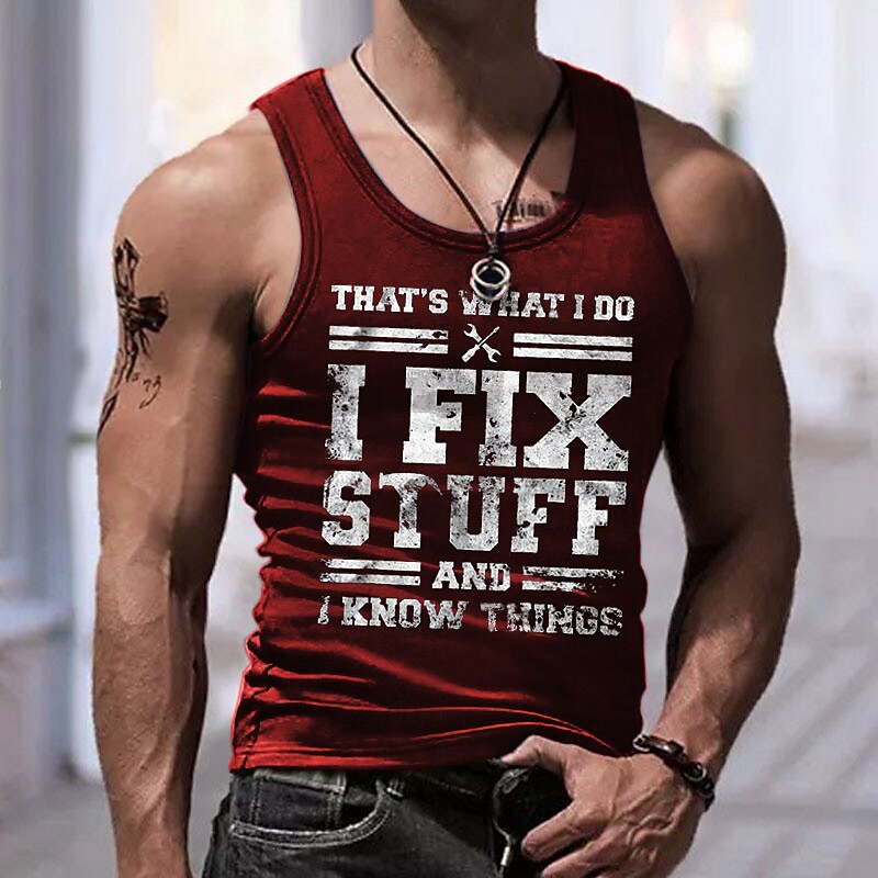 Men's  Letter Crew Neck Sleeveless Print Casual Undershirt