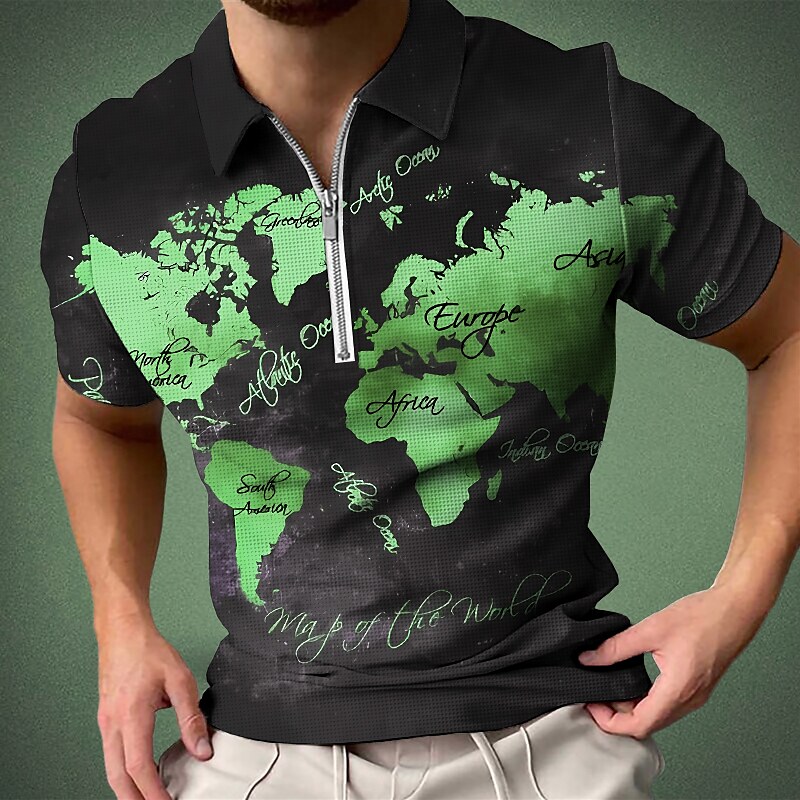 Men's Outdoor Casual Vintage Street Comfortable Lightweight Wear Resistant Zippered Pattern Print Lapel Short Sleeve Polo Shirt