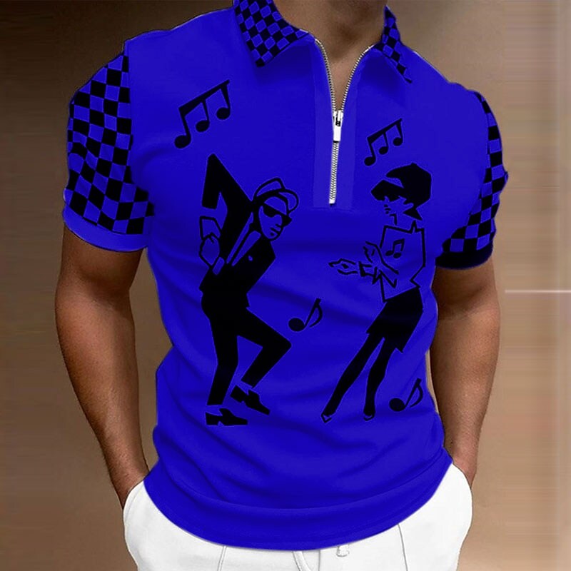 Men's Fashion Short Sleeve Graphic Notes Turndown 3D Print Zipper Shir