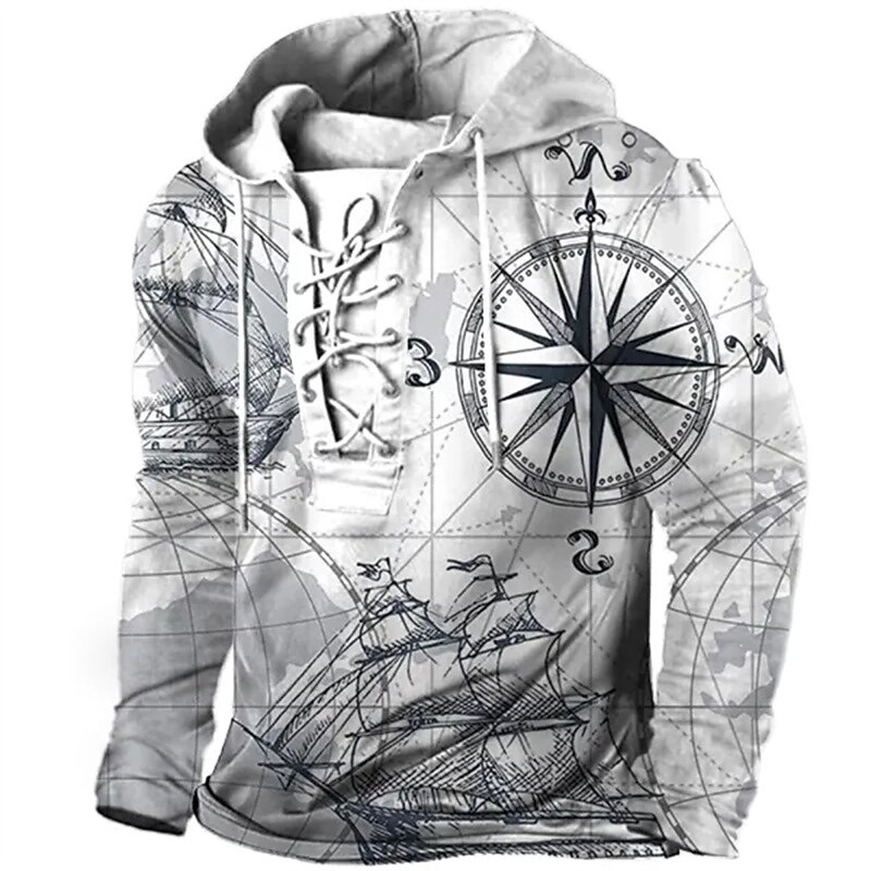 Men's Pullover Hoodie Sweatshirt Pullover White+Dark Gray Yellow Blue Dark Green Hooded Nautical Graphic Prints Boat Lace up Print Casual Daily Sports 3D Print Streetwear Basic Casual Spring &  Fall