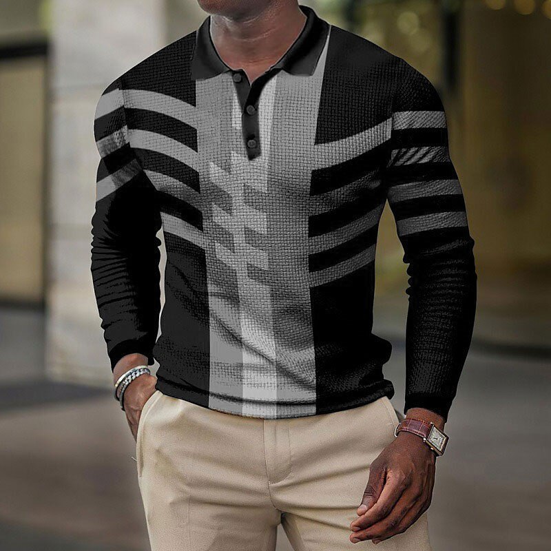 Men's Waffle Outdoor Golf Street Fashion Comfortable Breathable Light Prints Long Sleeve Polo Shirt