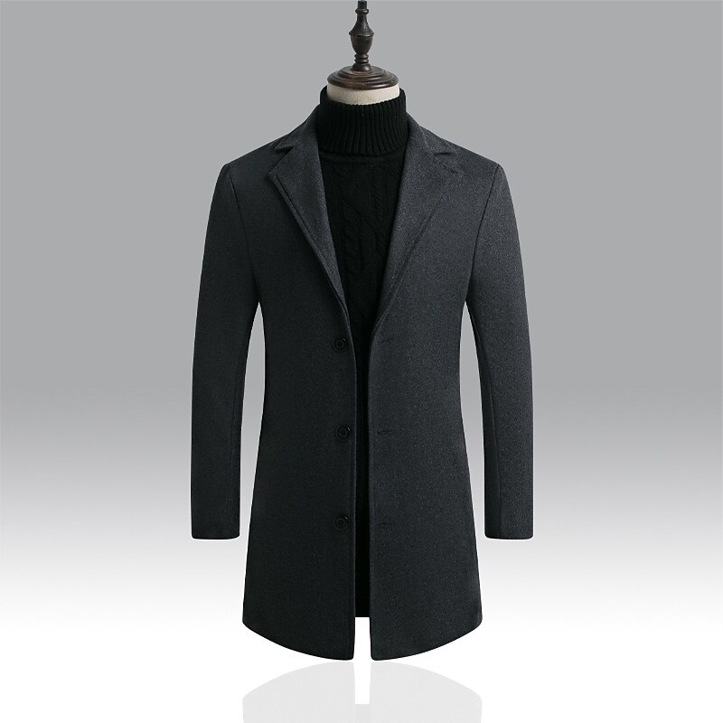 Men's Winter Wool Basic Solid Colored Stand Collar Single Breasted Overcoat