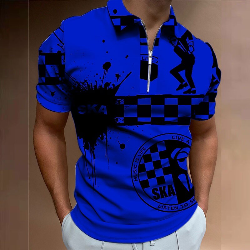 Men's Plaid Letter Graphic Prints Turndown Royal Zipper Short Sleeves 