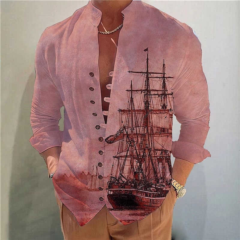 Men's  Vintage Sailboat Stand Collar Long Sleeve Shirt 