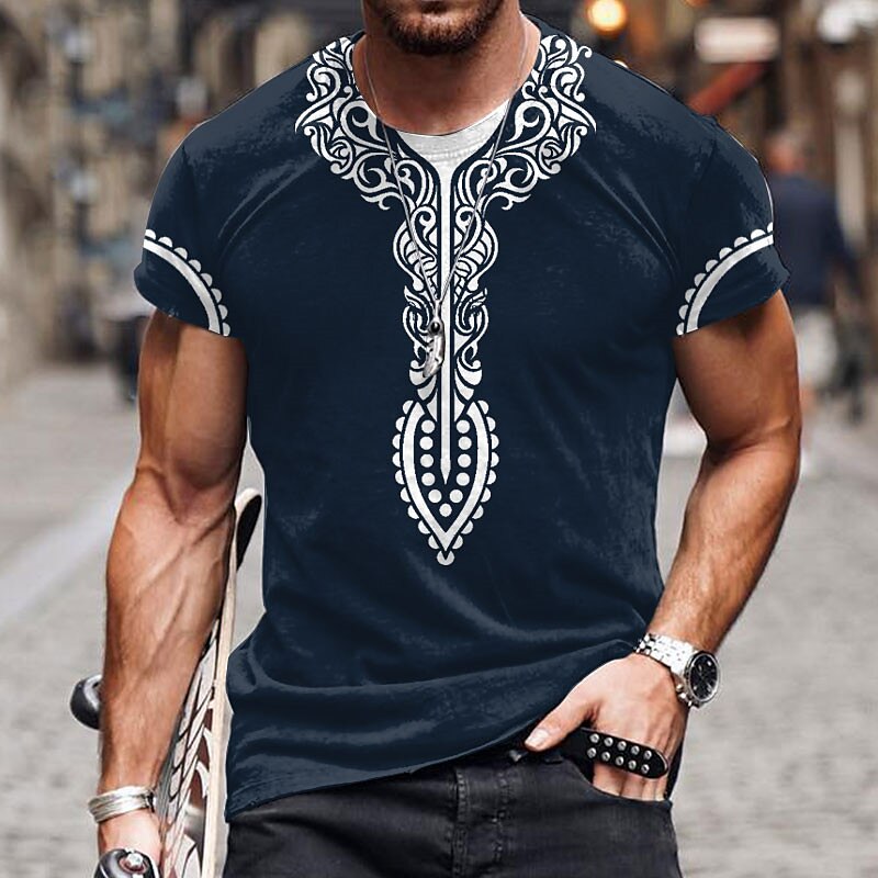Men's Graphic Flocking Crew Neck  3D Print Short Sleeve  Ethnic T-shirt