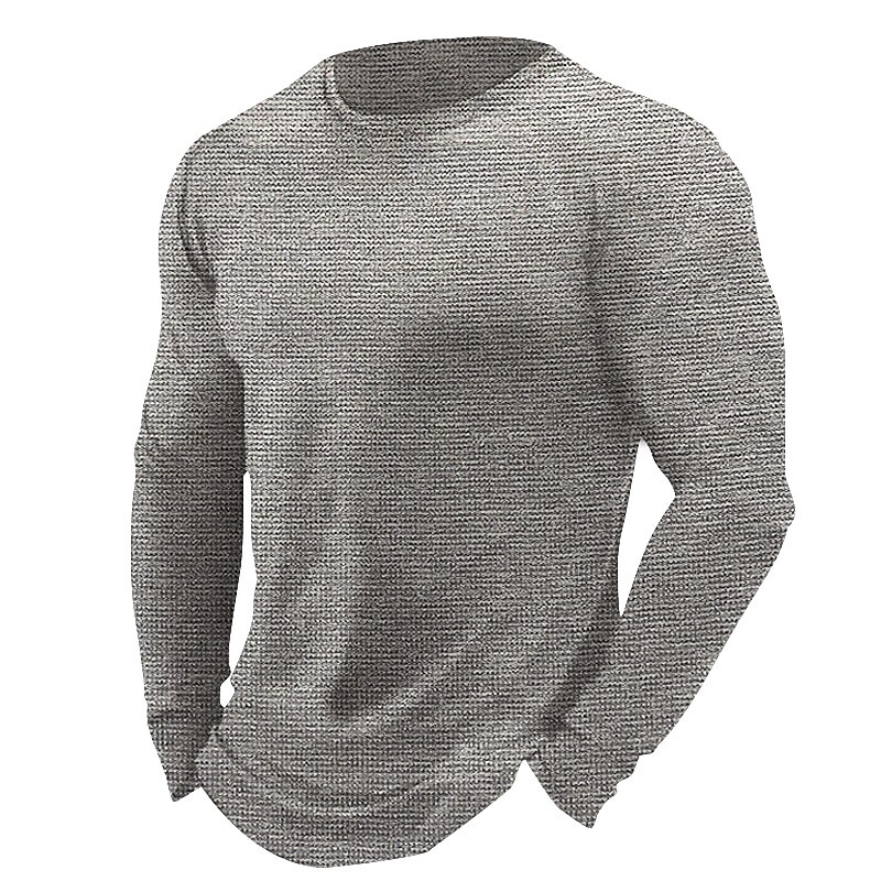 Men's Casual Home Sport Outdoor Breathable Stretch Comfortable Round Neck Waffle Plain Long Sleeve Shirt