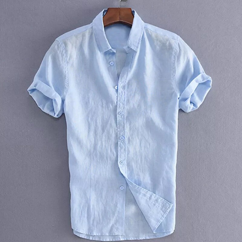 Men's Linen Shirt Shirt Solid Color Collar Black White Blue Green Gray Street Daily Short Sleeve Clothing Apparel Casual Breathable Comfortable Henley