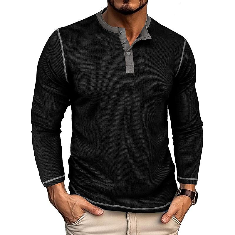 2023 Men'S Long-Sleeved Knitted Waffle Henley Shirt