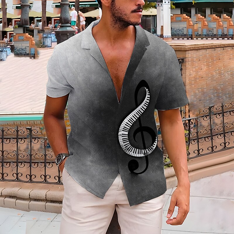 Men's Music Notes Cuban Collar Button-Down Short Sleeve Hawaiian Shirt