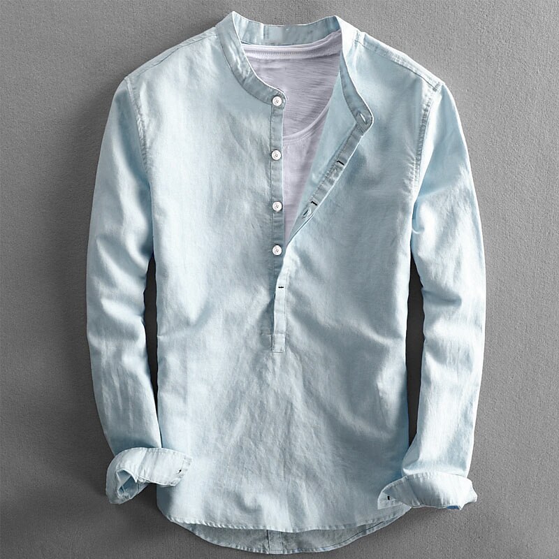 Men's Linen Shirt Henley Shirt Summer Shirt Casual Shirt White Dark Blue Light Sky Blue Long Sleeve Plain Collar Spring & Summer Casual Daily Clothing Apparel