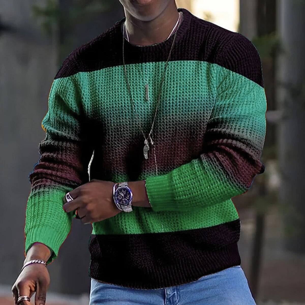 Men's  Waffle Graphic Color Block Crew Neck  3D Print Outdoor Casual Long Sleeve T-Shirt 