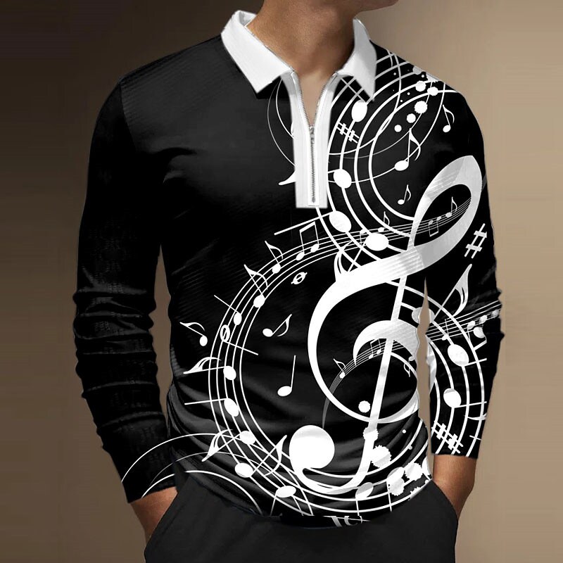 Men's Graphic Prints Notes Turndown Zipper Long Sleeve Polo Shirt