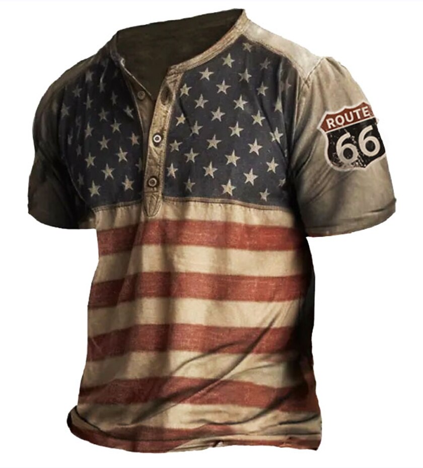Men's Vintage American Flag Graphic Print Henley Collar T-Shirt