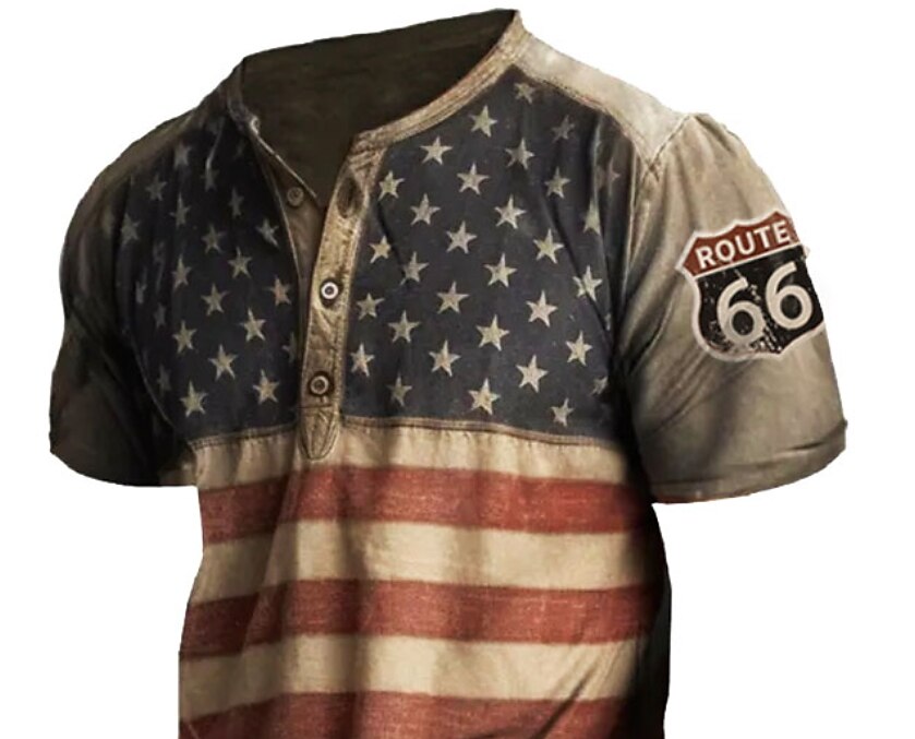 Men's Vintage American Flag Graphic Print Henley Collar T-Shirt