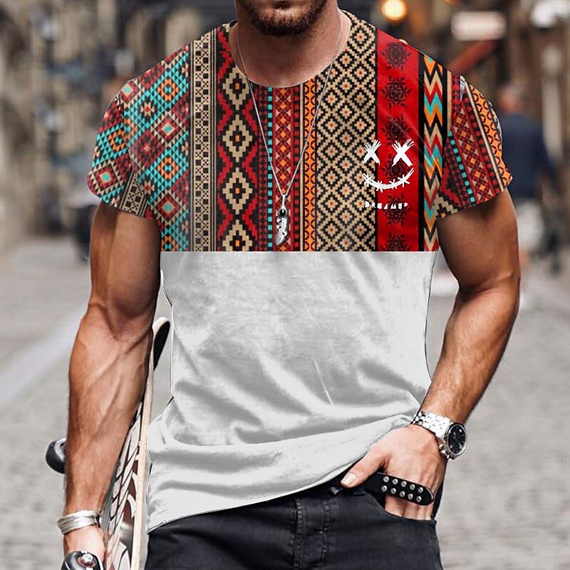 Men's Graphic Color Block Tribal Crew Neck 3D Print Ethnic Short Sleeve T-shirt 