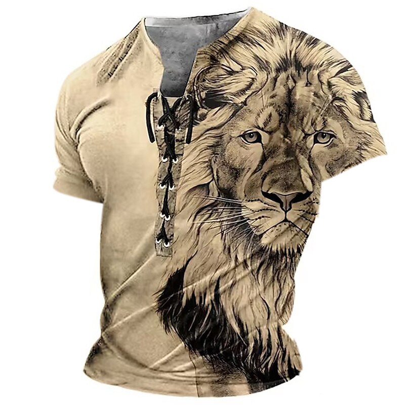 Men's Graphic Animal Lion 3D Print  Lace up  Vintage Short Sleeve T-shirt 