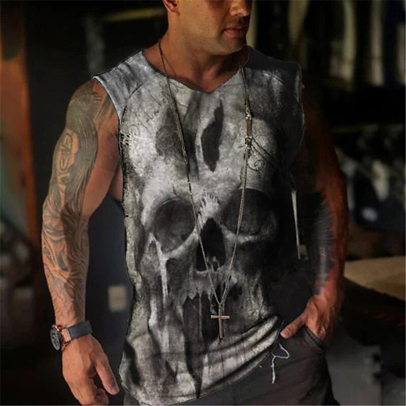 Men's Skulls Crew Neck Vest Top Sleeveless T-Shirt