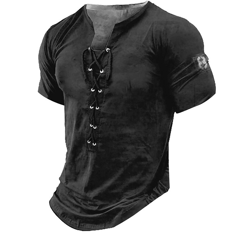 Men's Graphic Number 3D Print  Lace up Short Sleeve Henley Shirt 