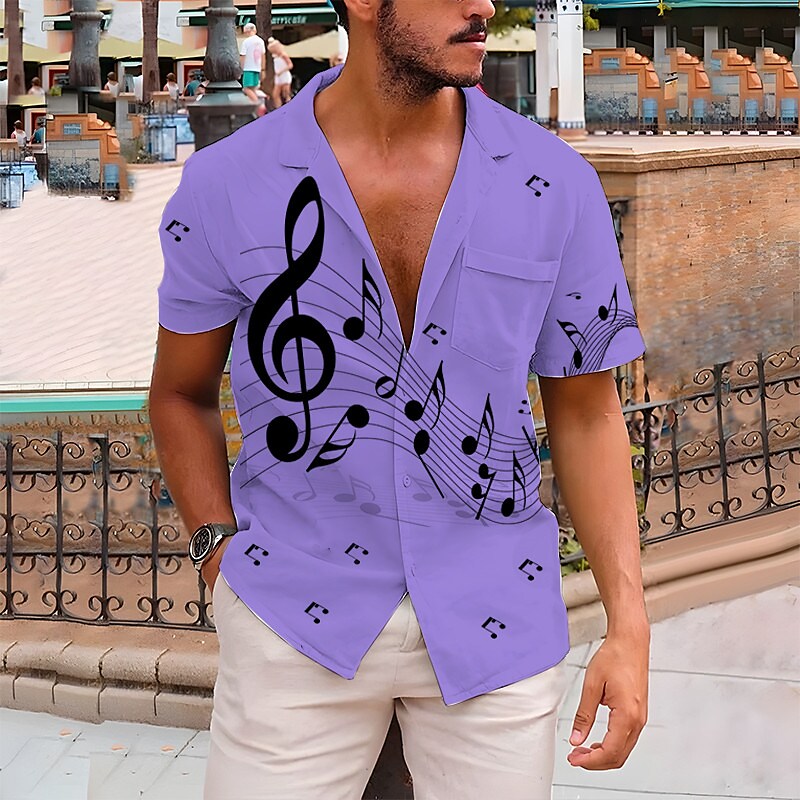 Men's Music Notes Cuban Collar Button-Down Short Sleeve Hawaiian Shirt