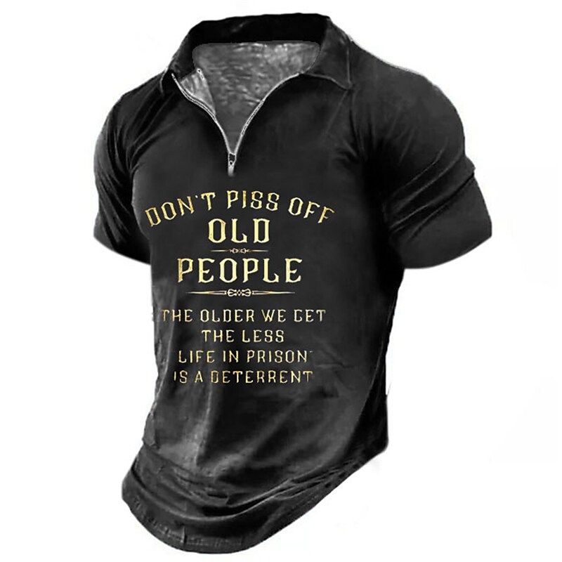 Men's Zip  Letter Graphic Prints Turndown Short Sleeves  Polo Shirt