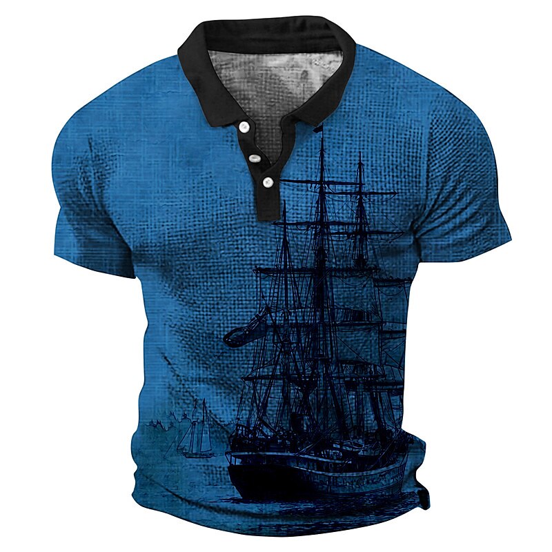 Men's Waffle  Button Up Lapel Vintage Sailboat Turndown Short Sleeve Polo Shirt