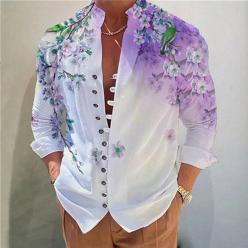 Men's Floral Graphic Prints Stand Collar  Long Sleeve Shirt