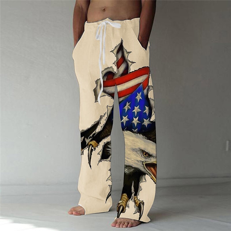 Men's Straight  Elastic Drawstring  Eagle National Flag  Trousers 