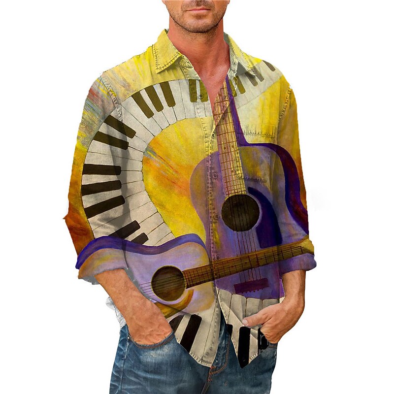 Men's Guitar Musical Instrument Pano Keys Turndown Casual Long Sleeve Button-Down Shirt 
