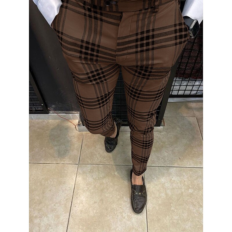 Men's Plaid  Zipper Breathable Lightweight Casual 100% Cotton Chinos Trousers Jogger Pants