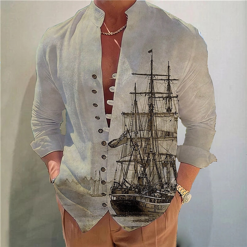Men's  Vintage Sailboat Stand Collar Long Sleeve Shirt 