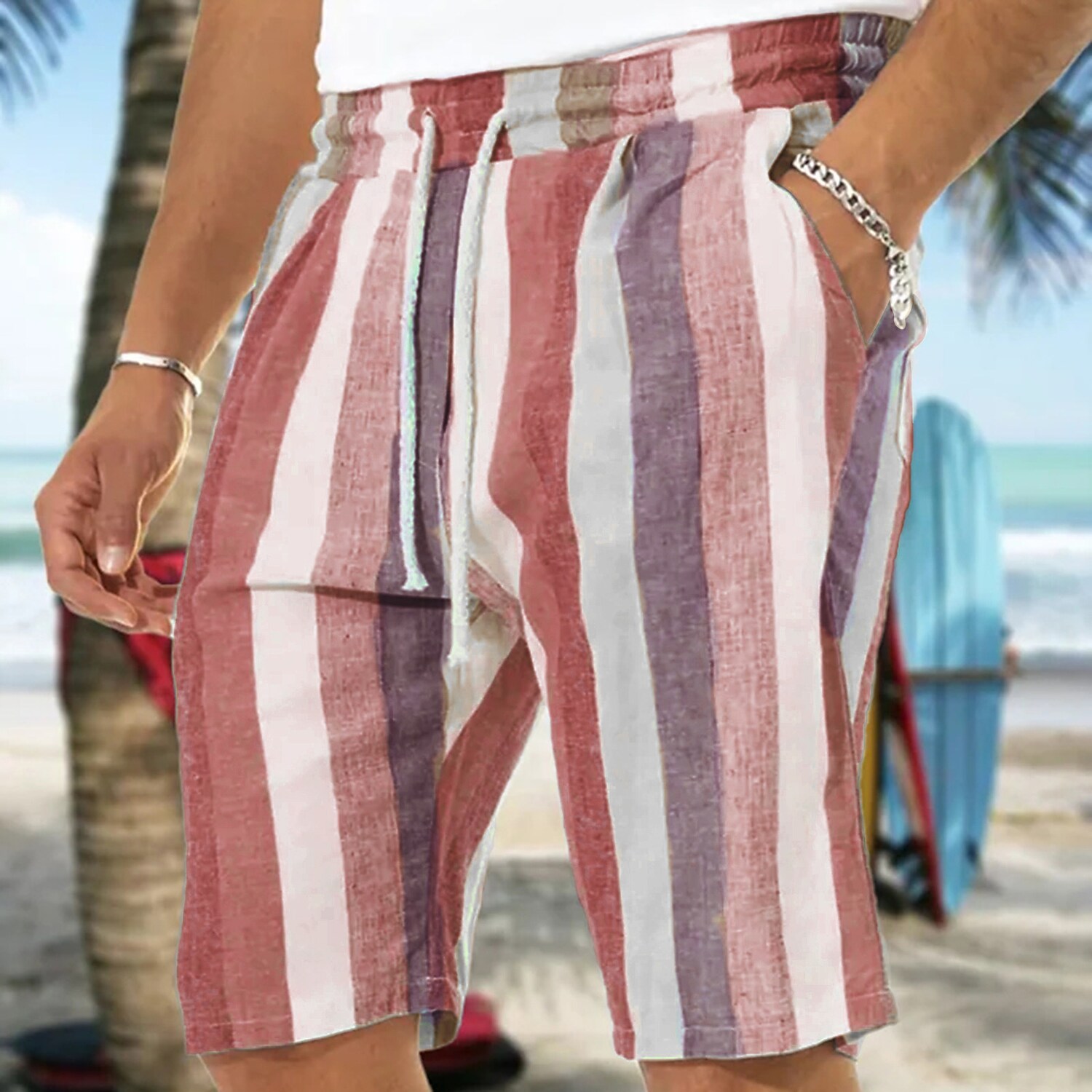 Men's Baggy  Pocket Drawstring Elastic Waist Stripe Shorts