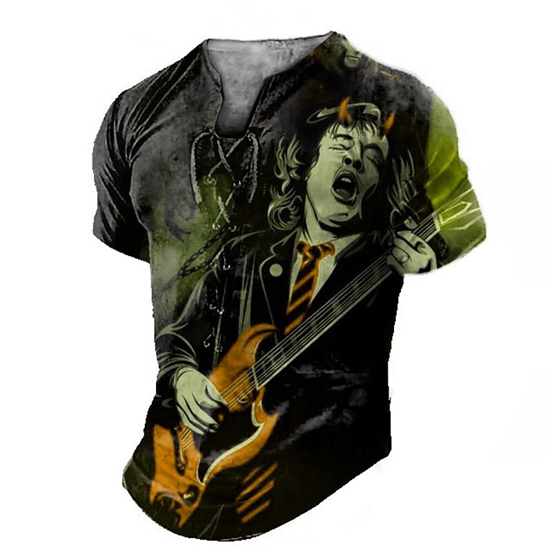 Men's Guitar Musical Instrument Lace up Short Sleeve Henley Shirt